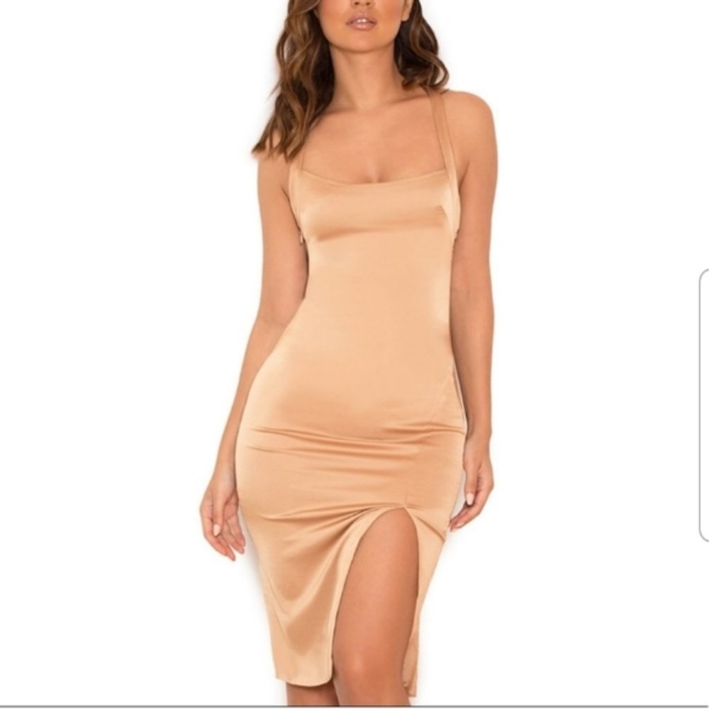 House of CB London Essie Satin Bodycon Nude Thigh Split Dress Medium